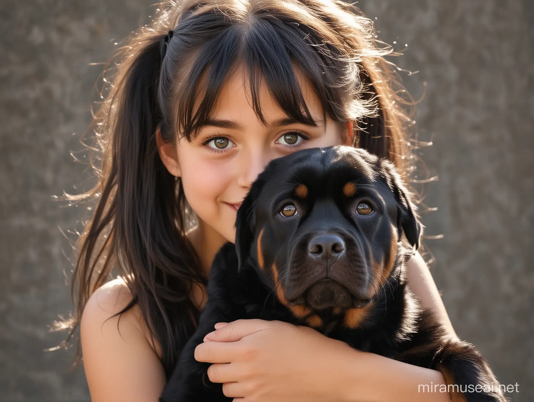 Young Woman with Long Black Hair Playing with a Rottweiler