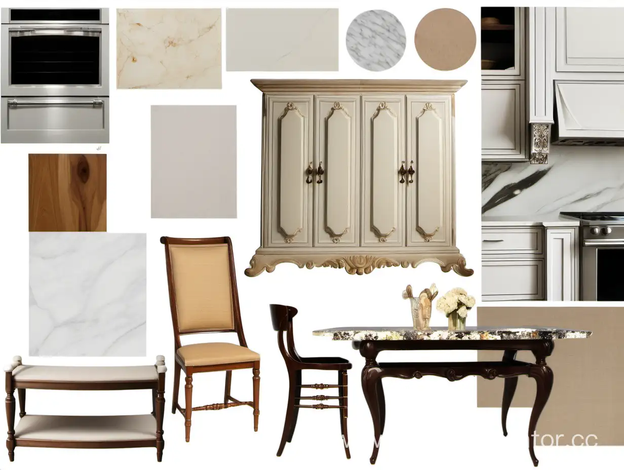 калаж мудборд из элементов мебеле и декора классицизм кухня с наложение элементов друг на друга