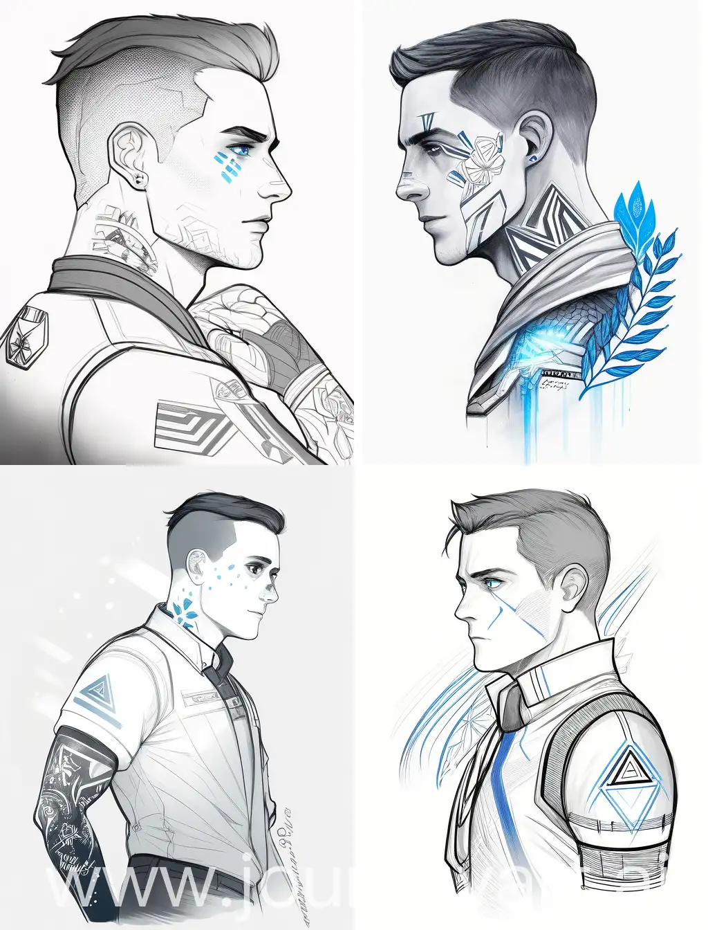 connor from detroit become human, tattoo design sketch, white background