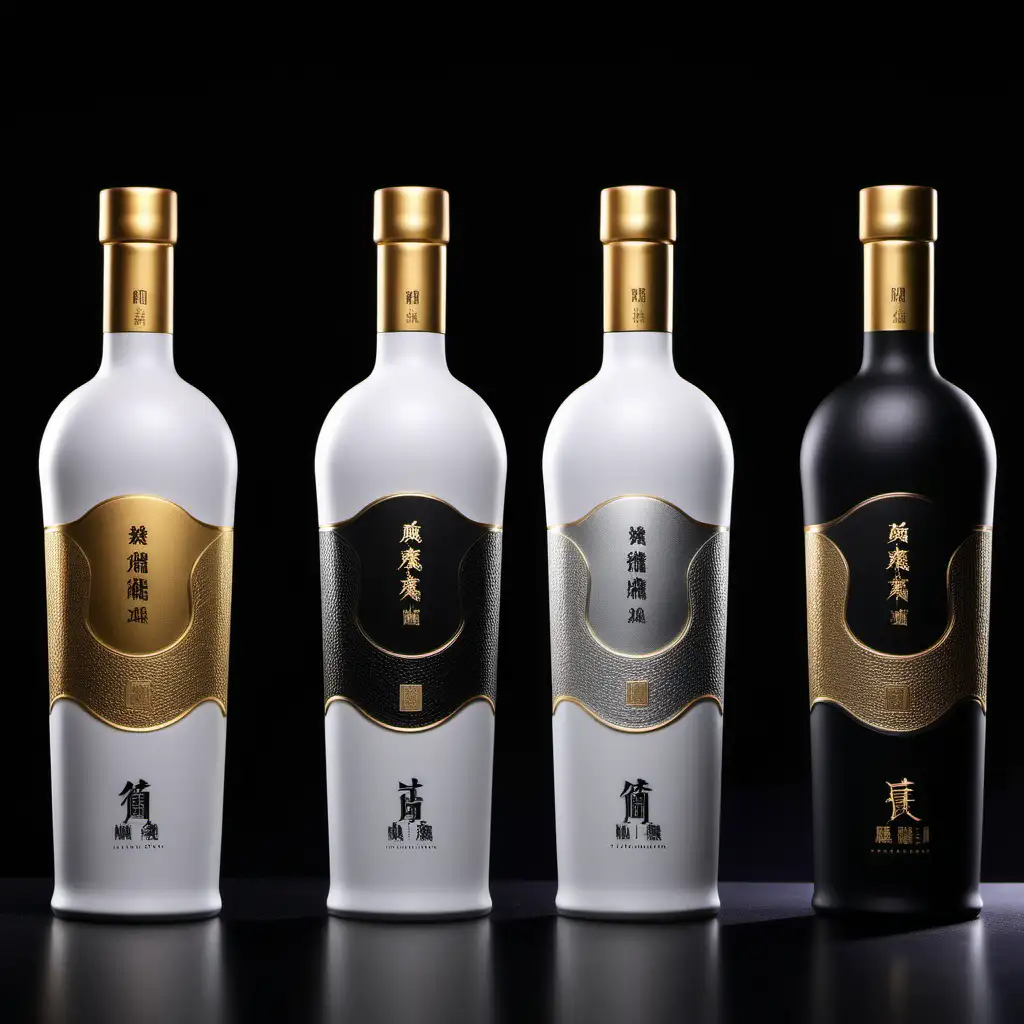 台湾白酒的酒瓶包装设计，高端酒，不透明陶瓷哑光，酒名玖莼，精密的产品照片图像，高细节，银黑金，三套方案