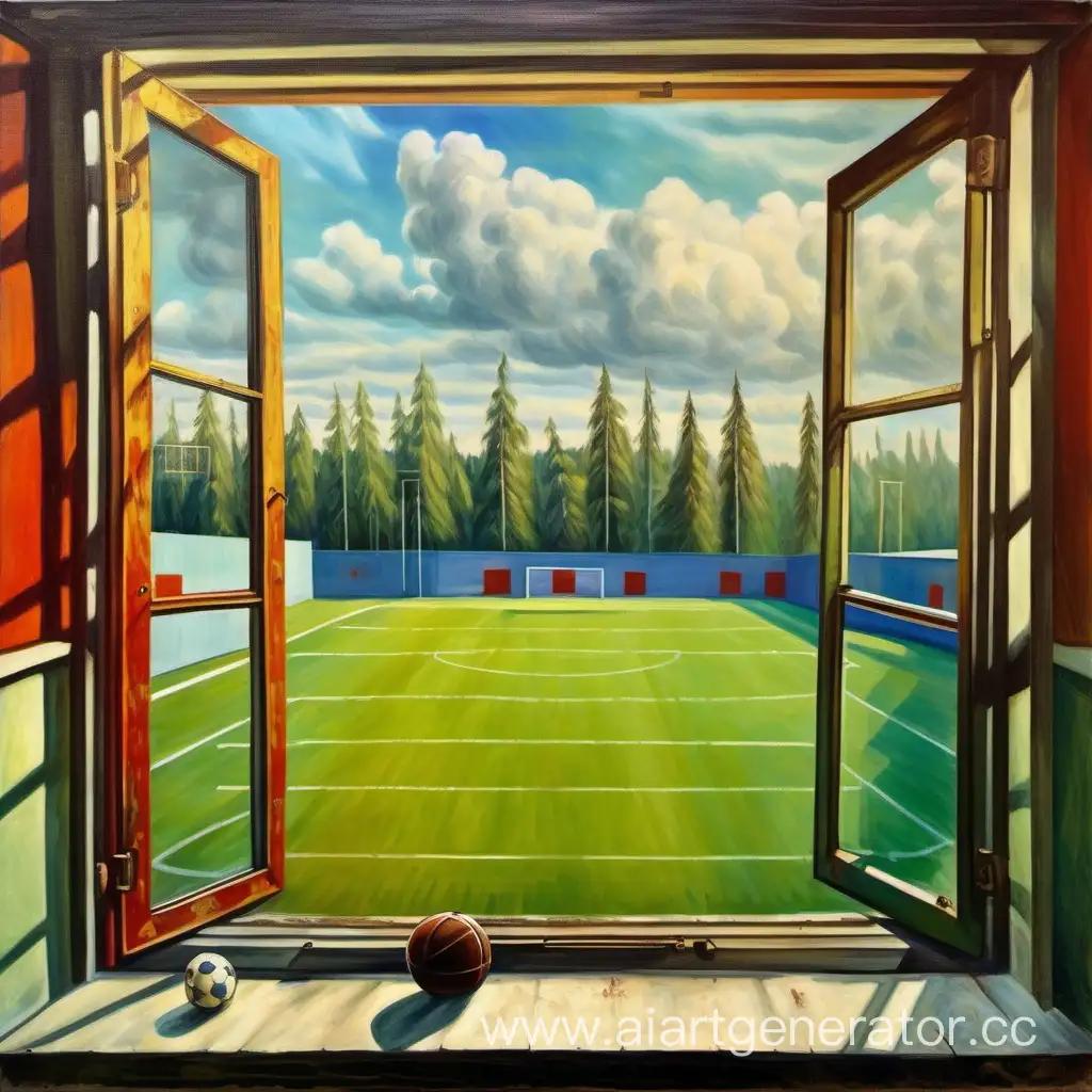 view from the school window, Soviet landscape, football field, tall trees, oil painting, nostalgia, Russia