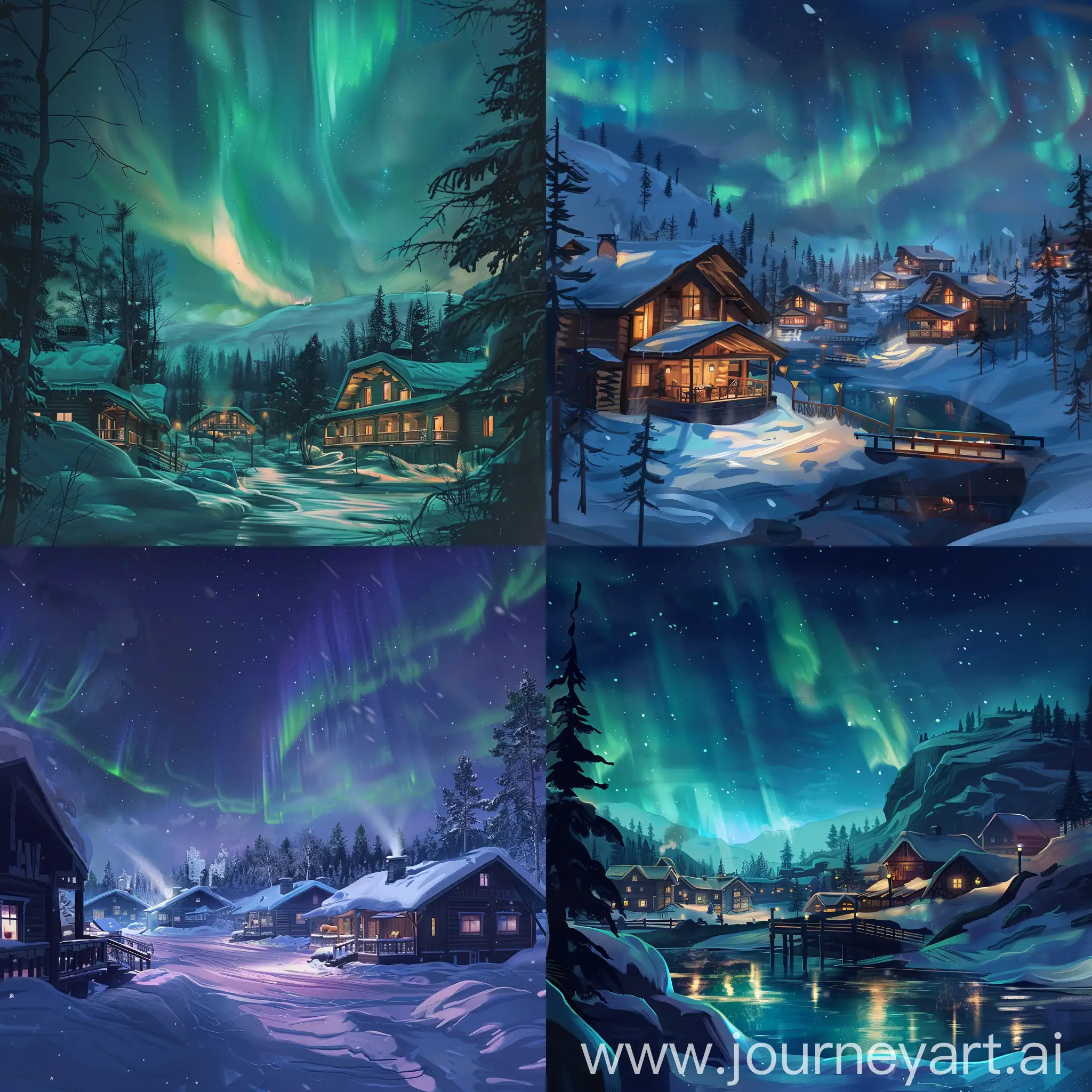 Draw a realistic resort in the north of Russia with the northern lights