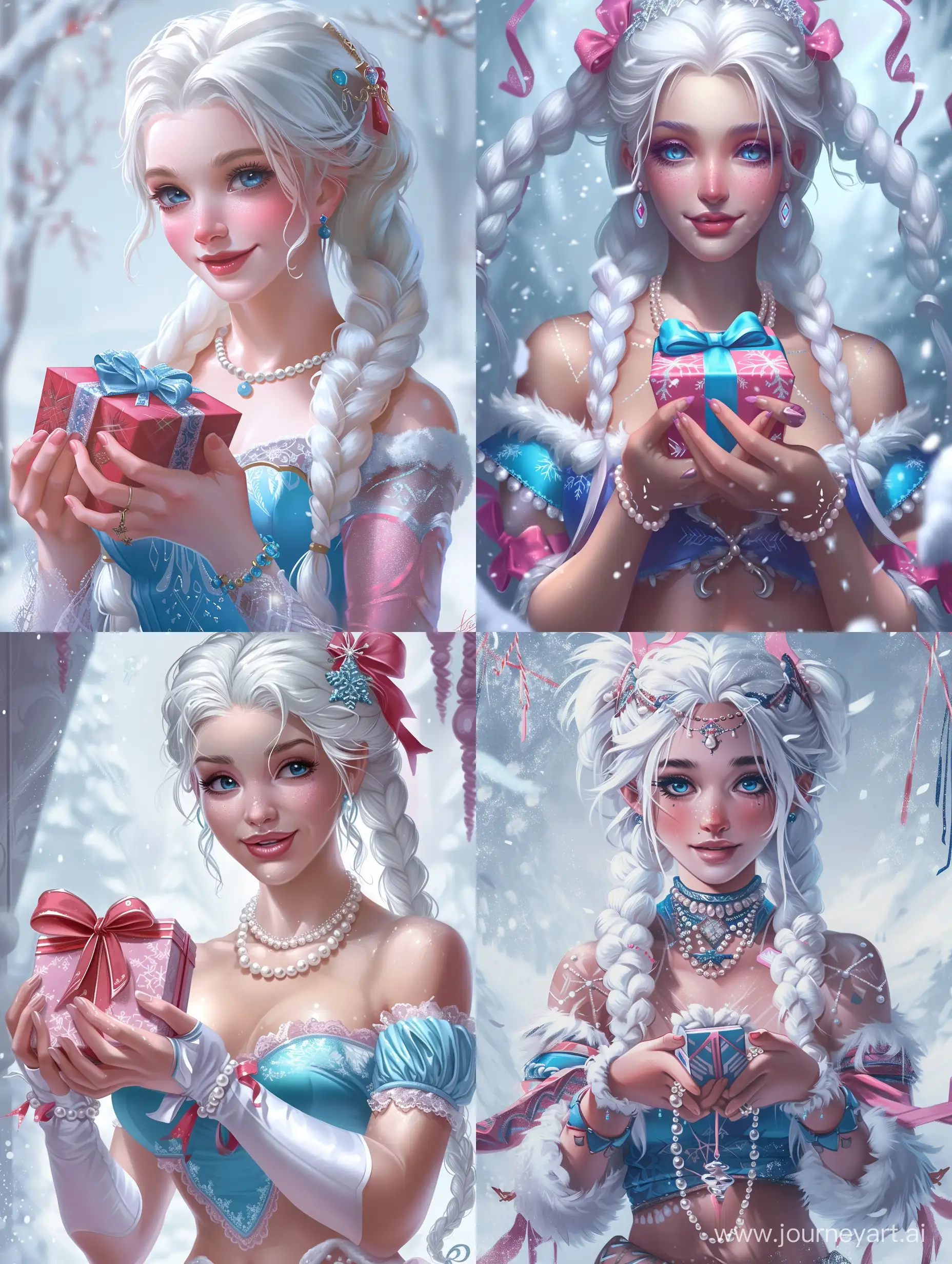 снегурочка, очень красивая, милая, белые косы, жемчуга, голубой и розовый цвет в нарядах, держит в руках подарок, Красивые руки, рисунок, эстетика праздника, красивый арт, динамичная поза