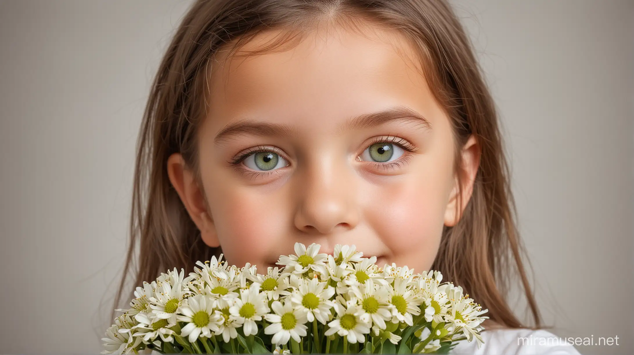 closeup face of a green eyes little girl holding flowers
