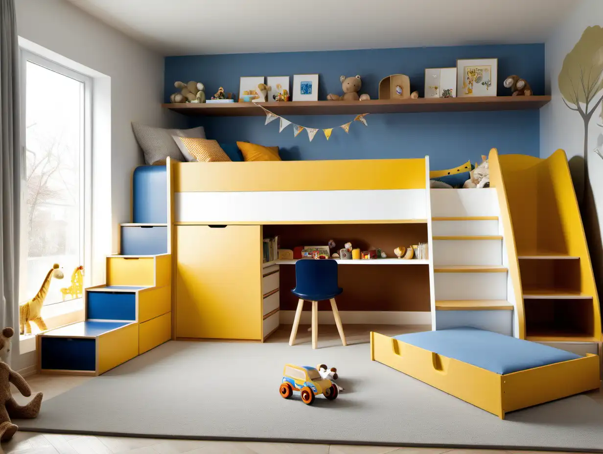 Bright Ultramodern Childrens Room with Loft Bed and Slide