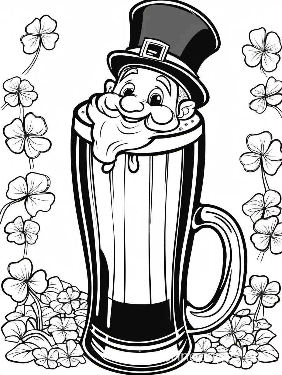 Leprechaun peeking out from behind a pint of Guinness for St. Patrick's Day for kids dont coloring , Coloring Page, black and white, line art, white background, Simplicity, Ample White Space. The background of the coloring page is plain white to make it easy for young children to color within the lines. The outlines of all the subjects are easy to distinguish, making it simple for kids to color without too much difficulty
