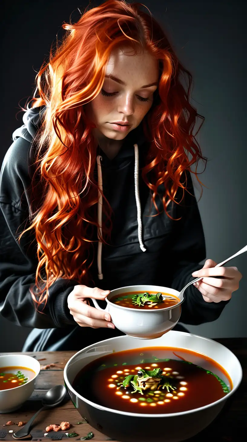 Beautiful White Woman. wavy red hair. black hoodie jacket eating lots of frog soup in a bowl. realistic format. wide angle shot looks the whole