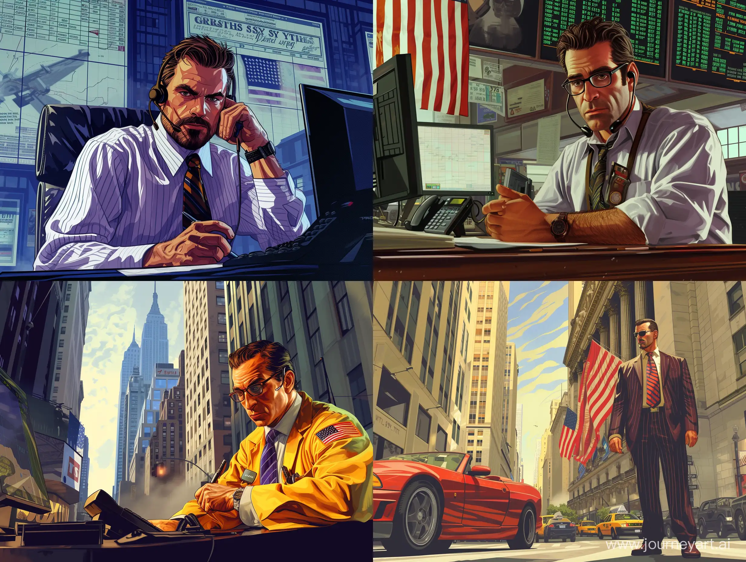 wall street trader, grand theft auto artstyle, loading screen, celshading, highly detailed with a notch of realism
