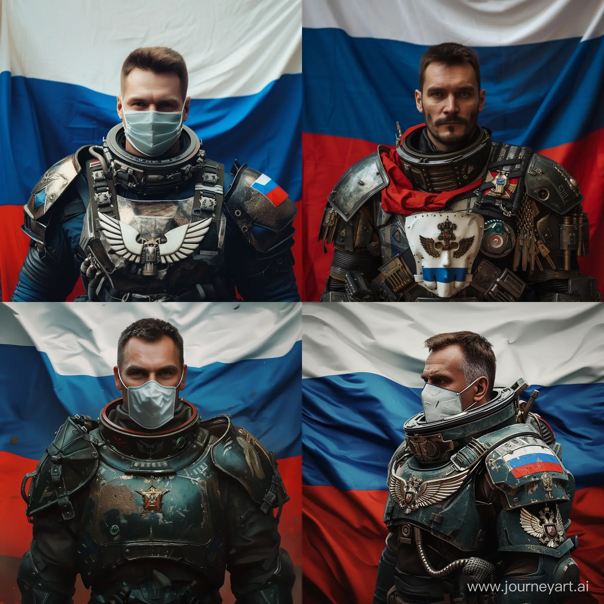 A man in space marine armor and an anonymous mask on the background of the Russian flag