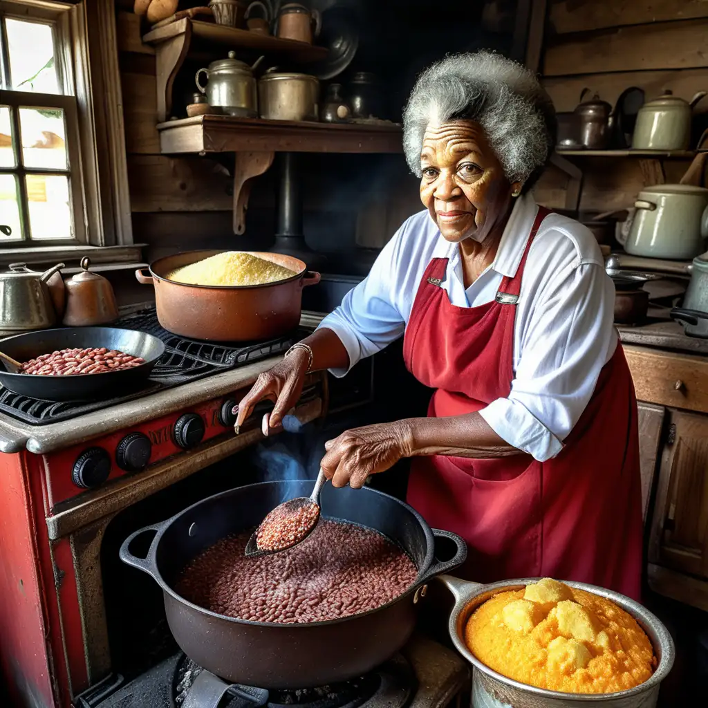  hyper realistic beautiful black elder grandmother cooking red beans and white rice, collared greens, candied yams, fried chicken pieces, cornbread for her elder husband,on a old coal stove in a old shack kitchen in the year 1867 in new orleans, red beans and white rice, collared greens, candied yams, fried chicken pieces, cornbread sitting on the table