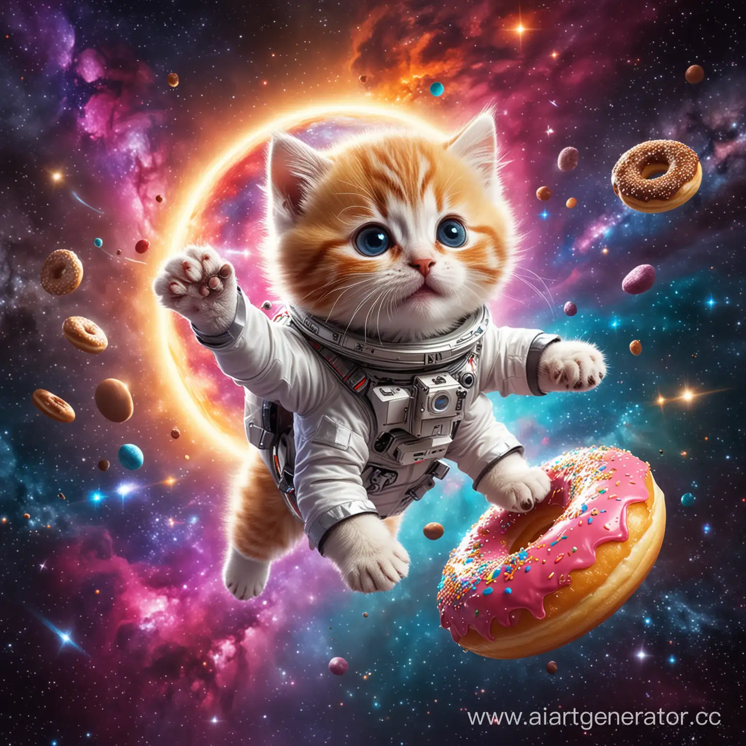 яркий котенок в скафандре летит на ярком пончике в космосе 