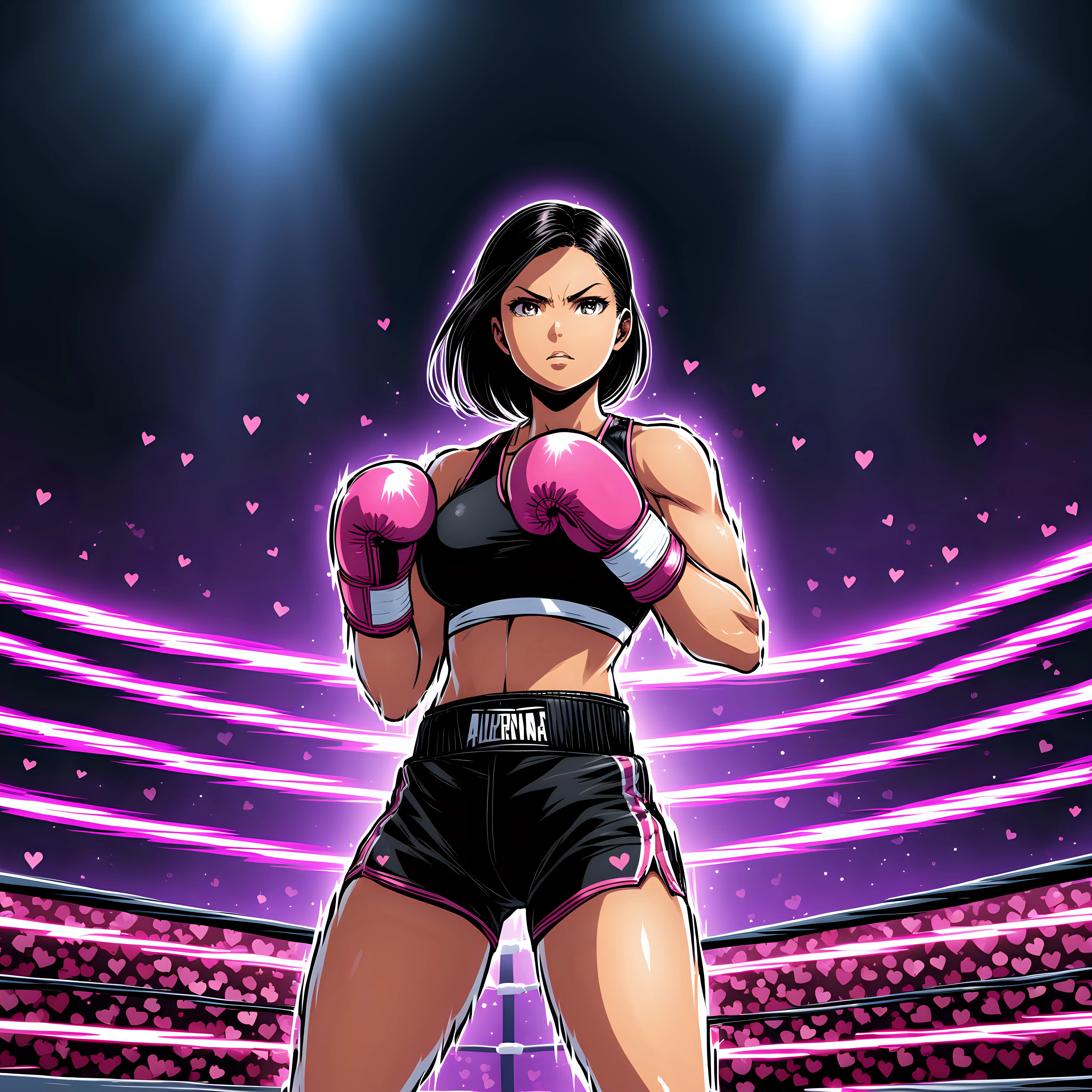 sur un style bande dessinée :  
Valentine se tient au centre du ring, une aura de détermination émanant d'elle. Son regard intense transmet une confiance absolue en ses compétences de boxe. Vêtue d'un short de boxe noir avec des accents roses et d'un haut de compression assorti, elle dégage une aura de puissance et d'élégance. Ses gants de boxe sont fermement attachés, prêts à livrer des coups dévastateurs à ses adversaires. Derrière elle, les projecteurs du ring illuminent l'arène, mettant en lumière sa présence dominante. Dans ce moment de calme avant la tempête, Valentine incarne la force tranquille, prête à affronter tous les défis qui se dressent sur son chemin.