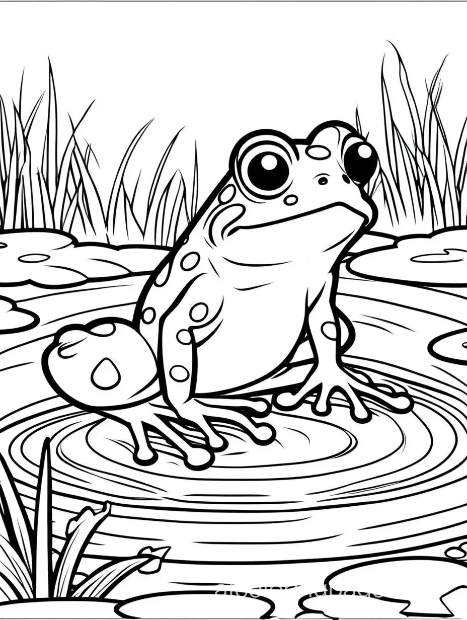 line art, outline image, illustration, white background, vectorize, cute frog in a pond for kids to color, Coloring Page, black and white, line art, white background, Simplicity, Ample White Space. The background of the coloring page is plain white to make it easy for young children to color within the lines. The outlines of all the subjects are easy to distinguish, making it simple for kids to color without too much difficulty