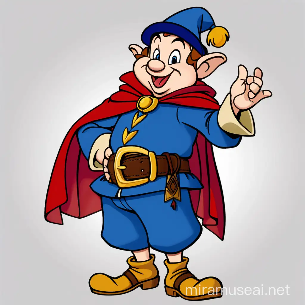 Dopey from Disney in Prince Costume with Blue Tunic and Red Cape Vector Art Illustration