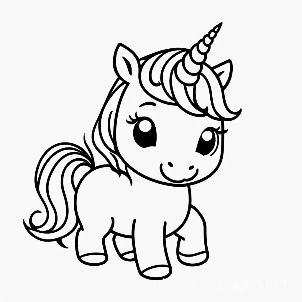 cute baby unicorn no background, Coloring Page, black and white, line art, white background, Simplicity, Ample White Space. The background of the coloring page is plain white to make it easy for young children to color within the lines. The outlines of all the subjects are easy to distinguish, making it simple for kids to color without too much difficulty
