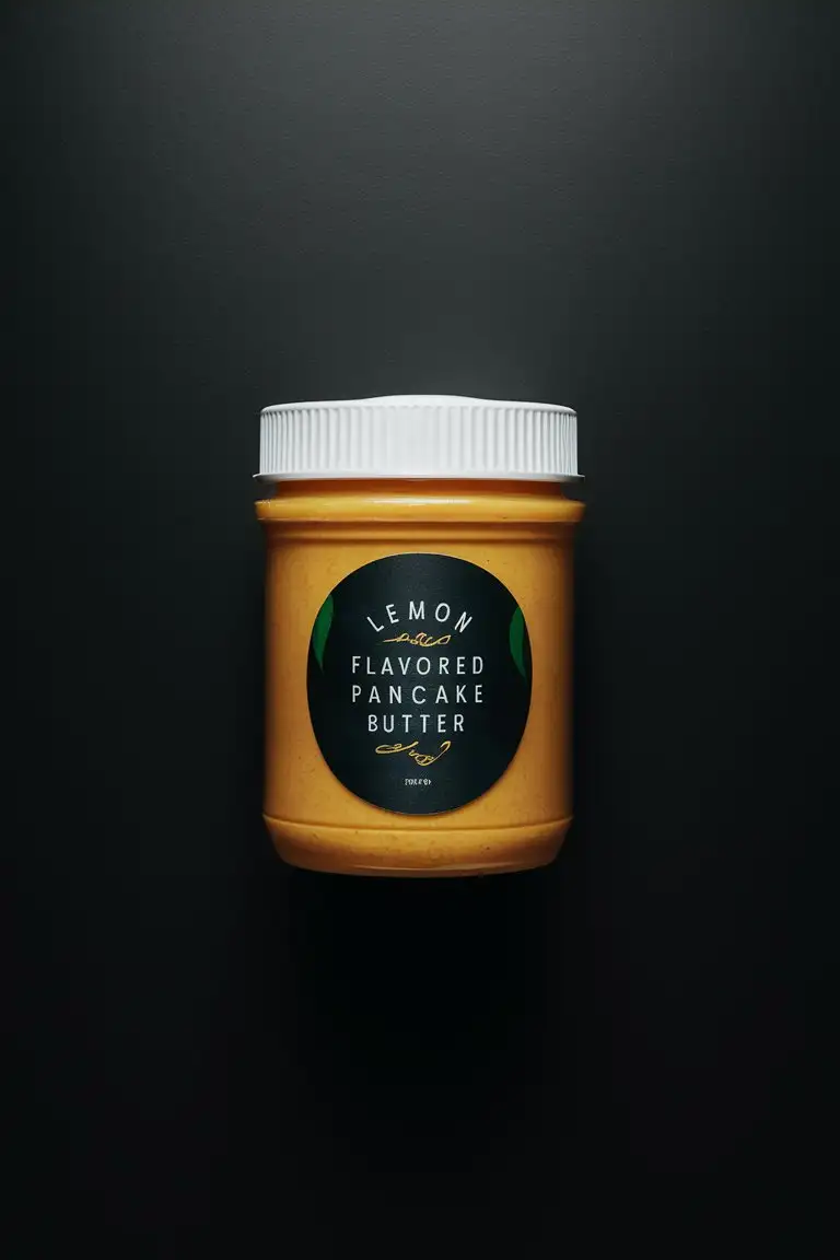 A plastic jar with a white lid filled with pancake butter, with a writing "Lemon flavored Pancake Butter" as the label, all on a matte black background.
