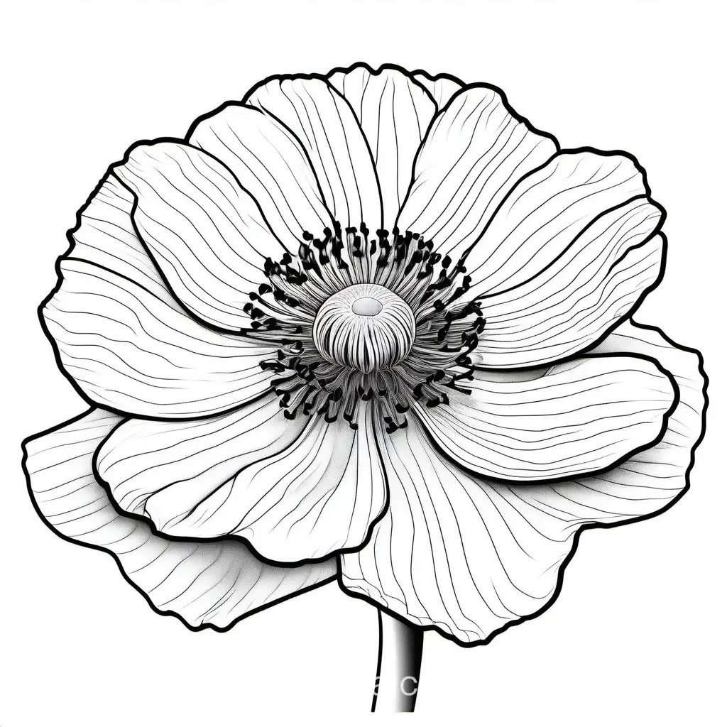 black and white, isolated on white background, Anemone Flower bloom, Coloring Page, black and white, line art, white background, Simplicity, Ample White Space. The background of the coloring page is plain white to make it easy for young children to color within the lines. The outlines of all the subjects are easy to distinguish, making it simple for kids to color without too much difficulty