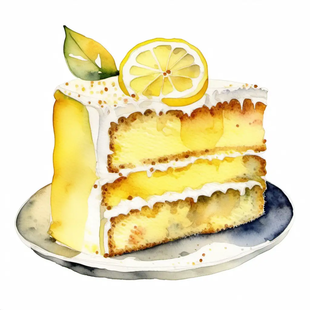 a slice of lemon cake with white icing. watercolour hand painted with a white background