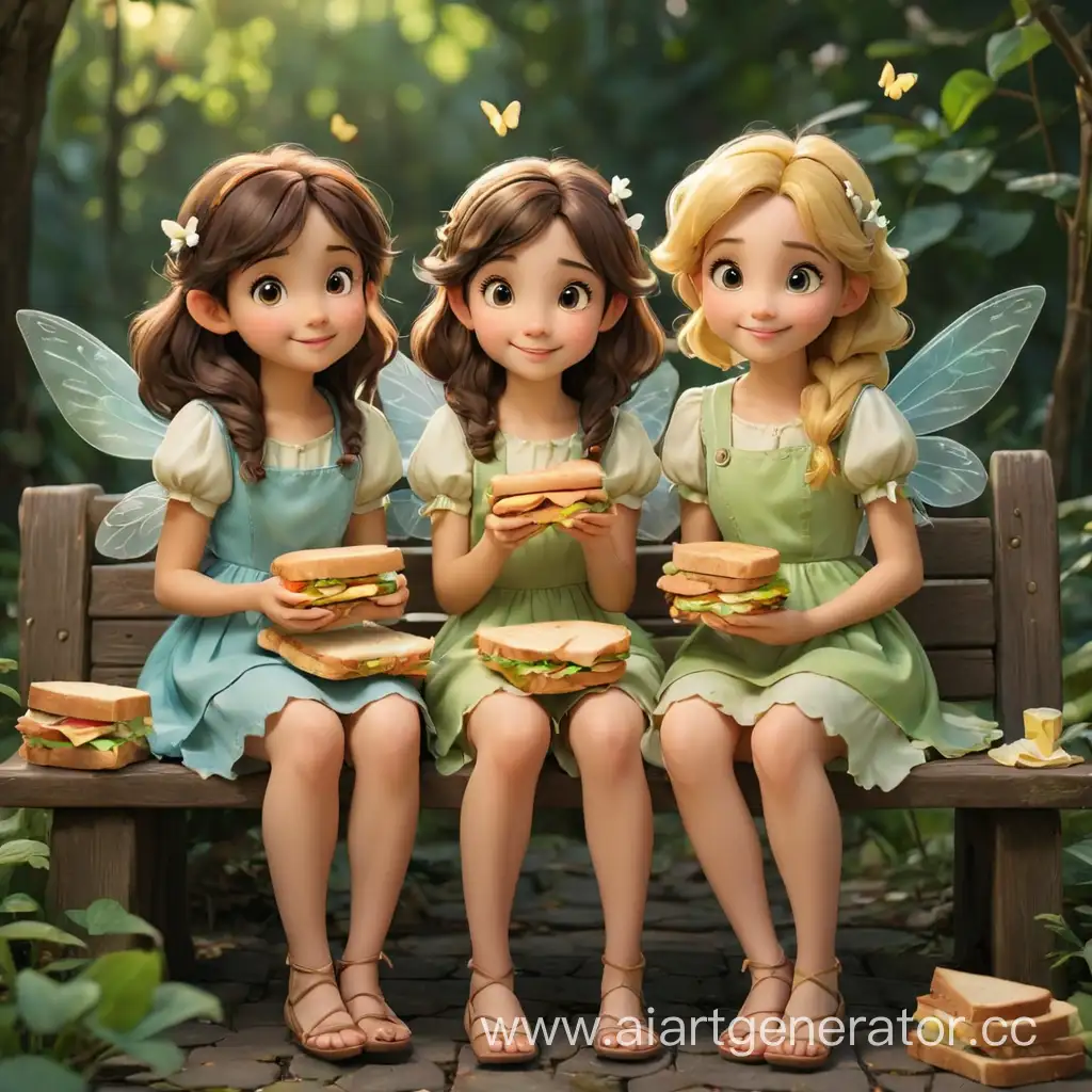 Three-Adorable-Fairies-Enjoying-Buttered-Sandwiches-on-a-Bench
