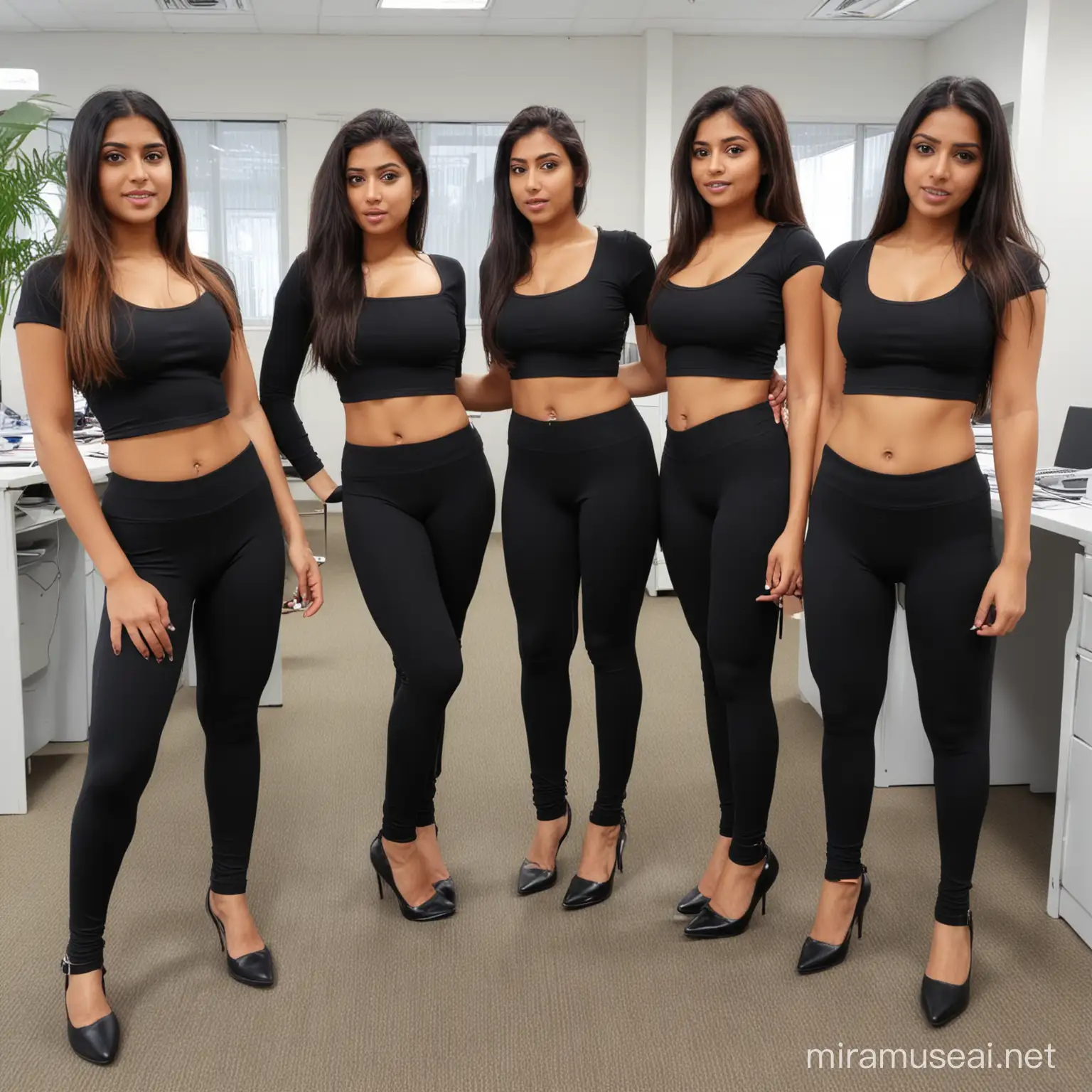 five indian girls inside office  camel toe  wearing tight black leggings in office 