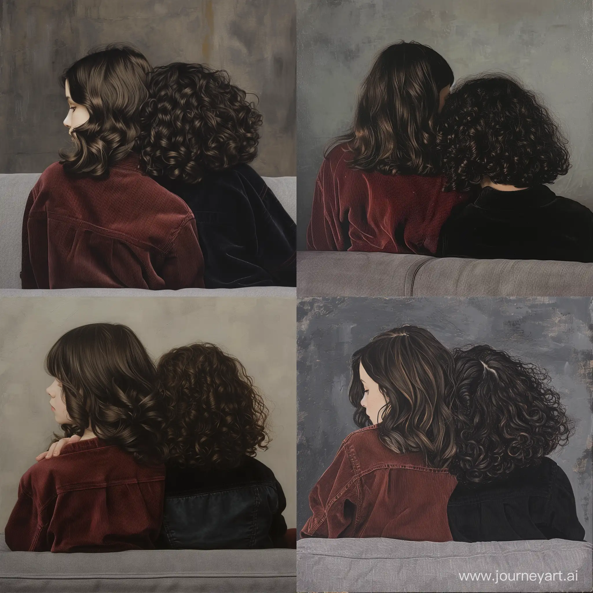 Two teenage girls are sitting on a gray sofa from behind and behind. One of the girls has wavy dark brown hair and white skin and is wearing a crimson corduroy jacket with her head on the other girl's shoulder. The other girl has very curly dark brown hair. And her skin is white and she is a little shorter than the other girl and she is wearing a black corduroy jacket. The background is too televicion.