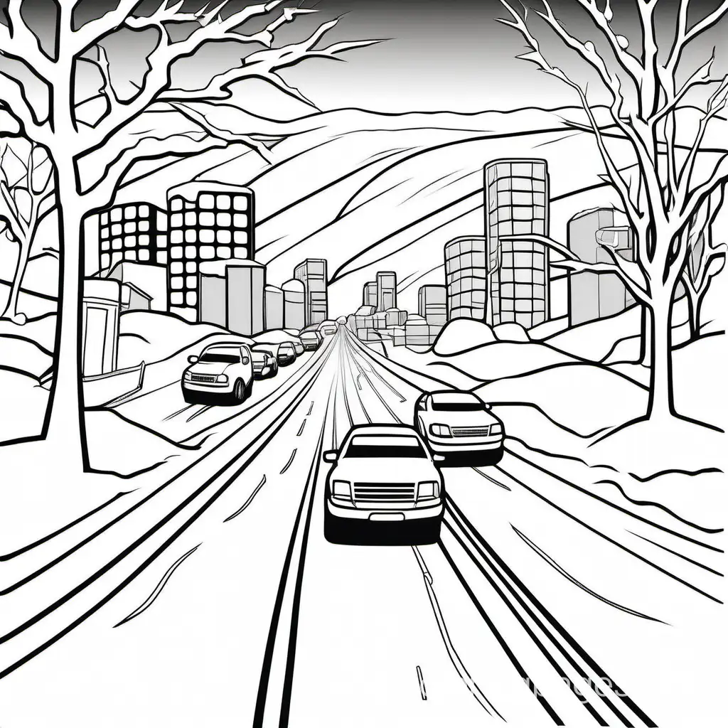 blizzard with deep snow covering cars on a highway
, Coloring Page, black and white, line art, white background, Simplicity, Ample White Space. The background of the coloring page is plain white to make it easy for young children to color within the lines. The outlines of all the subjects are easy to distinguish, making it simple for kids to color without too much difficulty