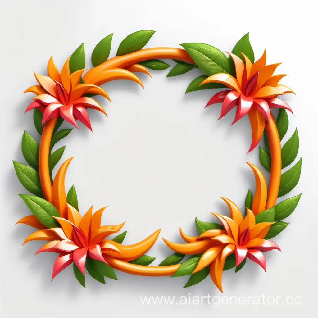 simple icon of a 3D flame root border bouquets floral wreath frame, made of border bright mango. white background.