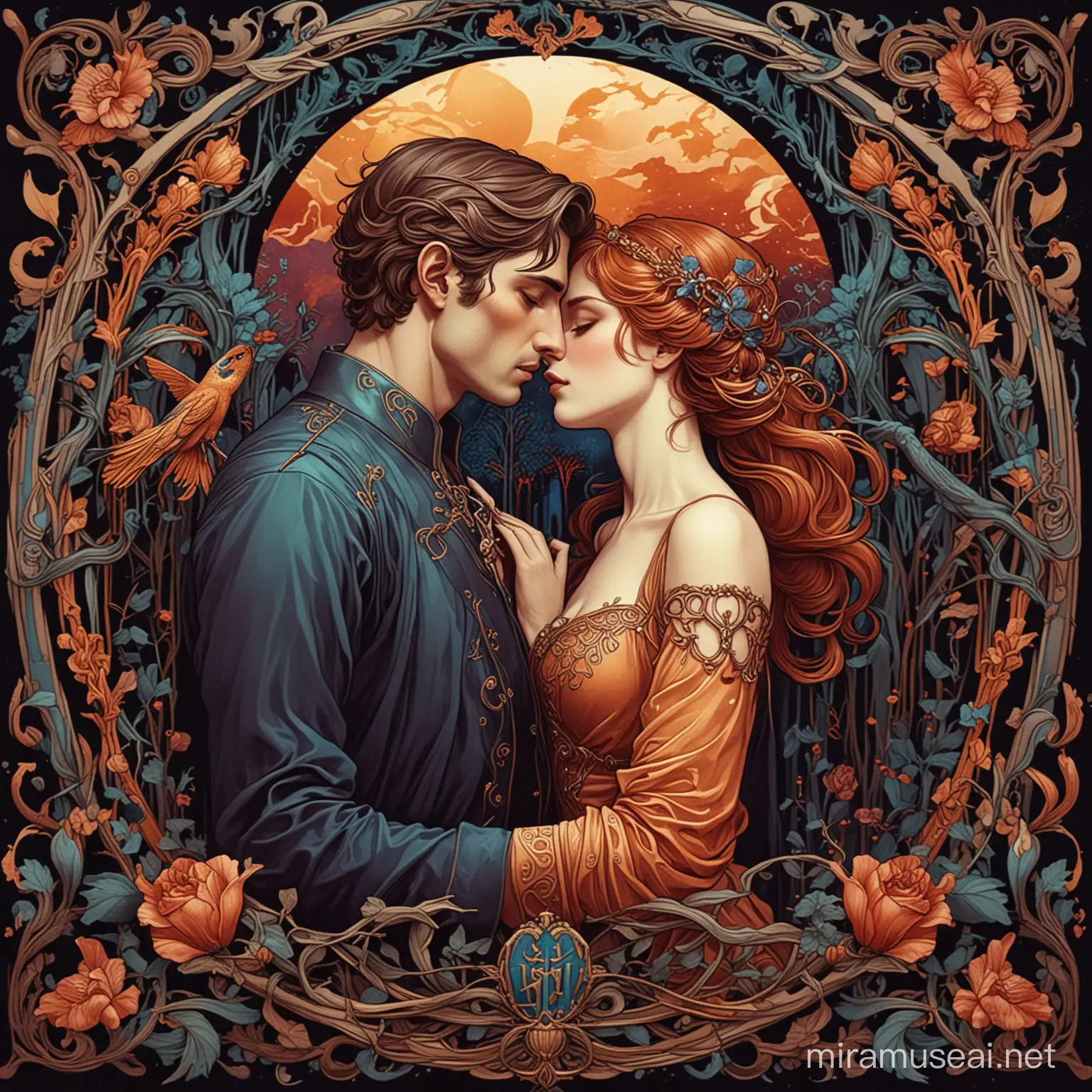 Fated Couple in Love Art Nouveau Style with Dark Colorful Imagery