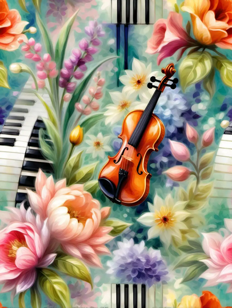 豎笛,小提琴,鋼琴,印象派的花卉圖騰,春天夢幻色彩
