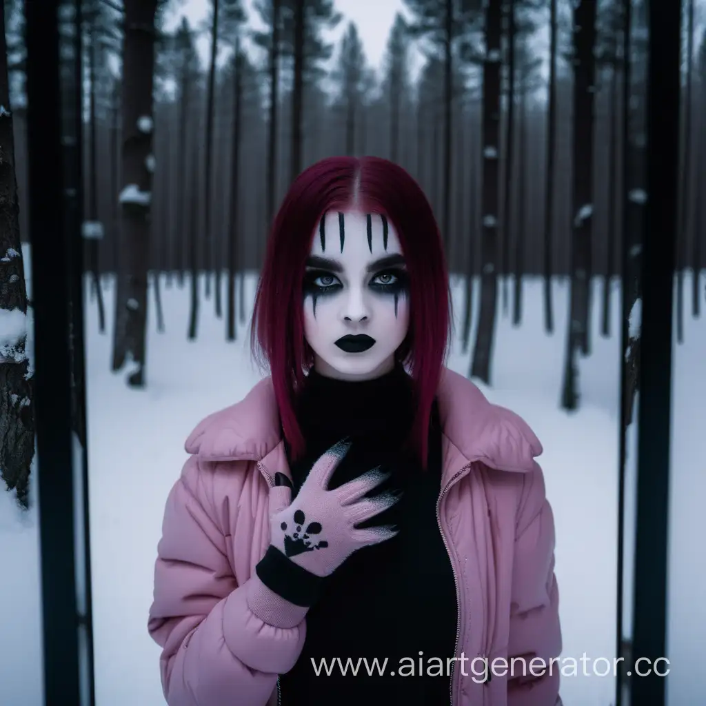 Black metal girl photoshoot in a dark winter forest at night. Shot is taken from far away, full body is shown. The girl is wearing mittens, black t-shirt, black pants and heavy black boots. The girl has vibrant dark red hair. The girl has short hair. The girl is posing seductive. Snow is covering the ground. The girl's face is painted in black-metal style. Black eyeshadow around the eyes, black lipstick. The girl is looking in the mirrow. In the mirror reflexes another lady. The lady is blonde and wearing pink clothes.
