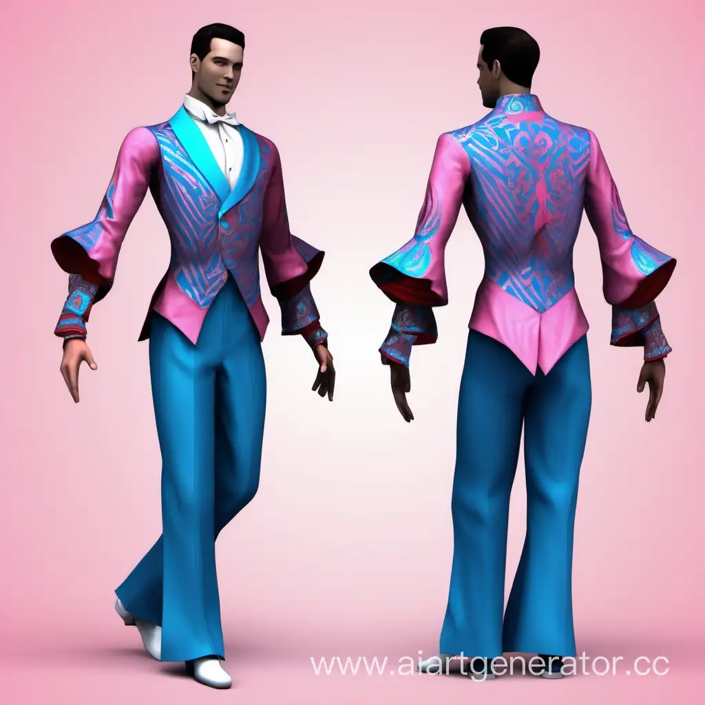 Bot, generate me a male bard style Latin ballroom dance costume in pink and blue colours, so that there is an open chest, and asymmetry of trousers and sleeves