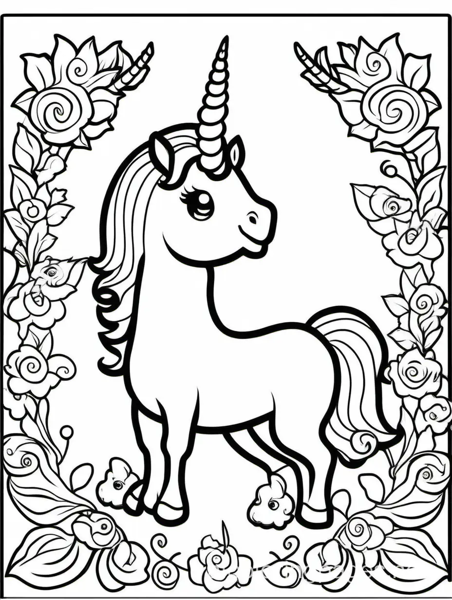 complete and cute unicorn for kids, Coloring Page, black and white, line art, white background, Simplicity, Ample White Space. The background of the coloring page is plain white to make it easy for young children to color within the lines. The outlines of all the subjects are easy to distinguish, making it simple for kids to color without too much difficulty