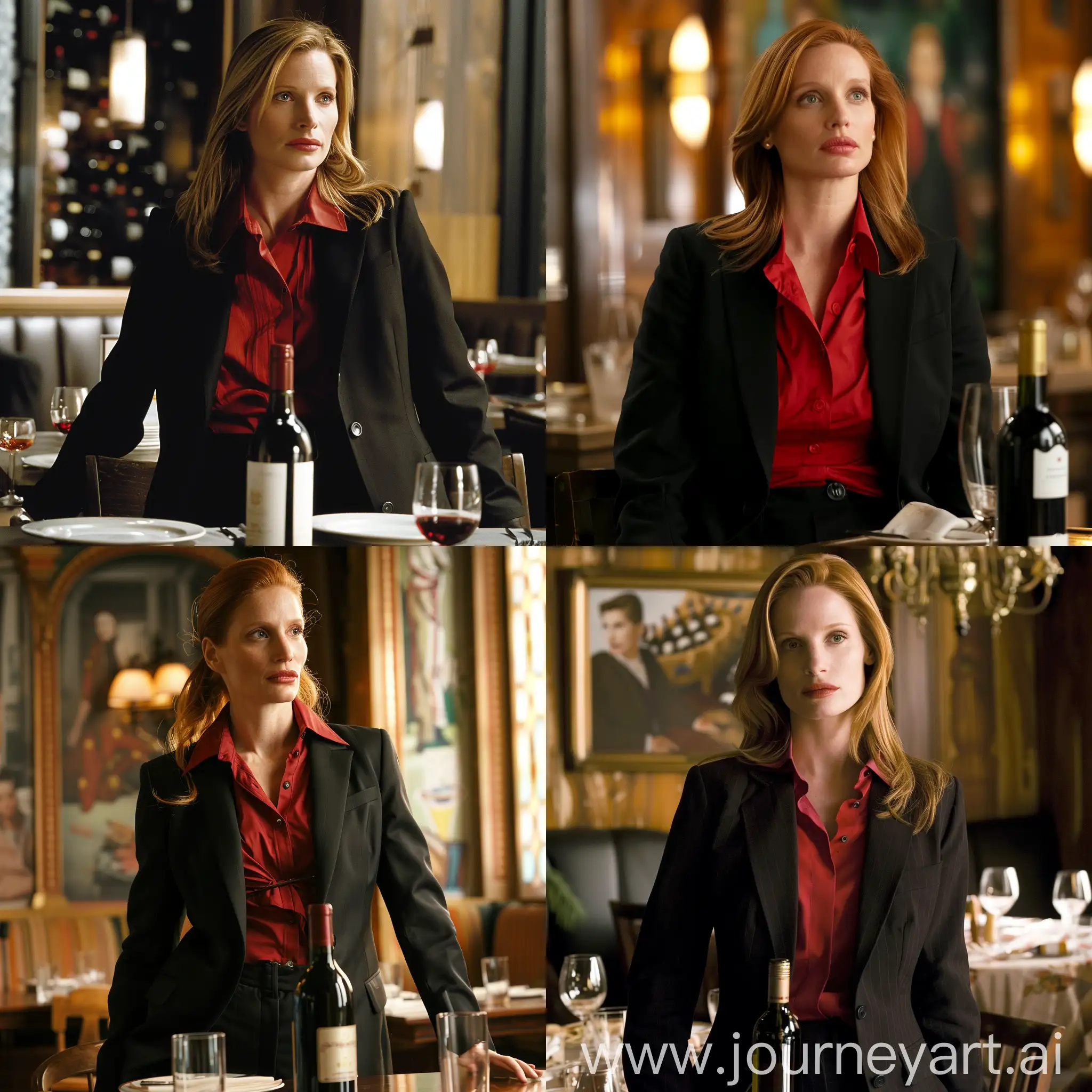Jessica Chastain dressed in a black business suit with a red shirt looks with a stern look in a restaurant at a table with a bottle of wine