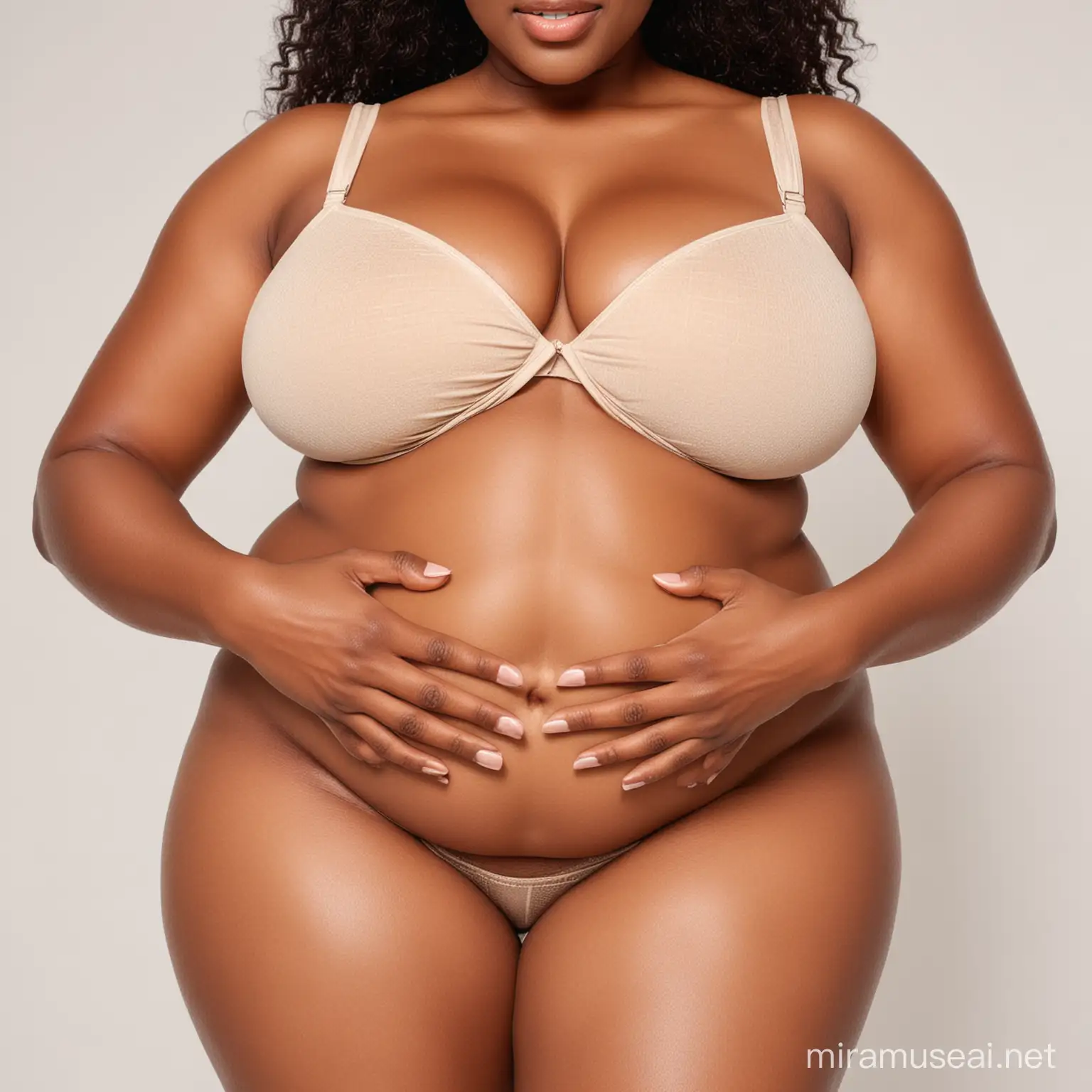 Head to waist vector image of a sexy light complexion nigerian model holding her big belly fat in her hands on a white background