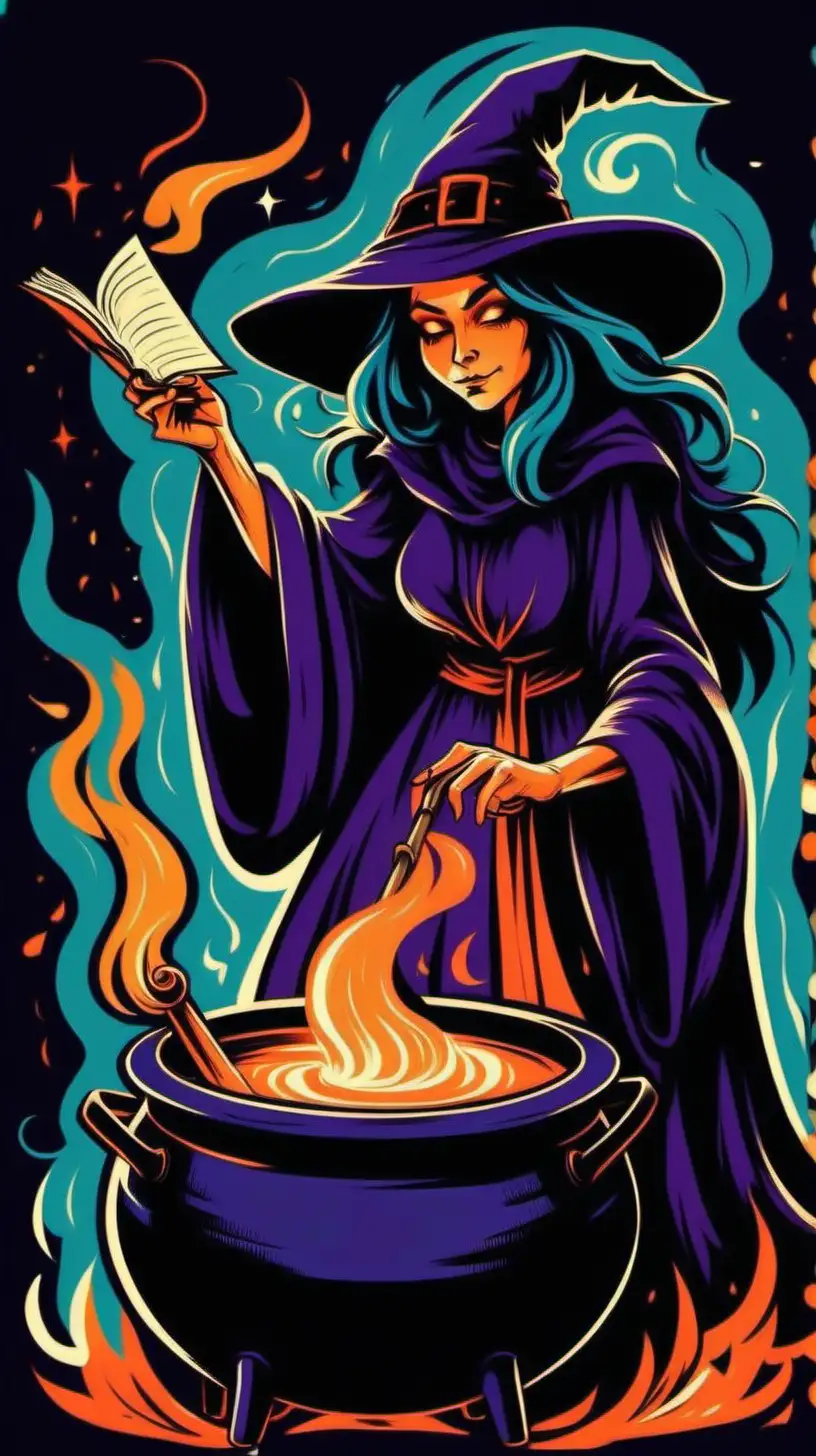 /imagine adults illustration, witch with spell book around a cauldron, thick lines, moderate detail, vivid color - - ar 85:110