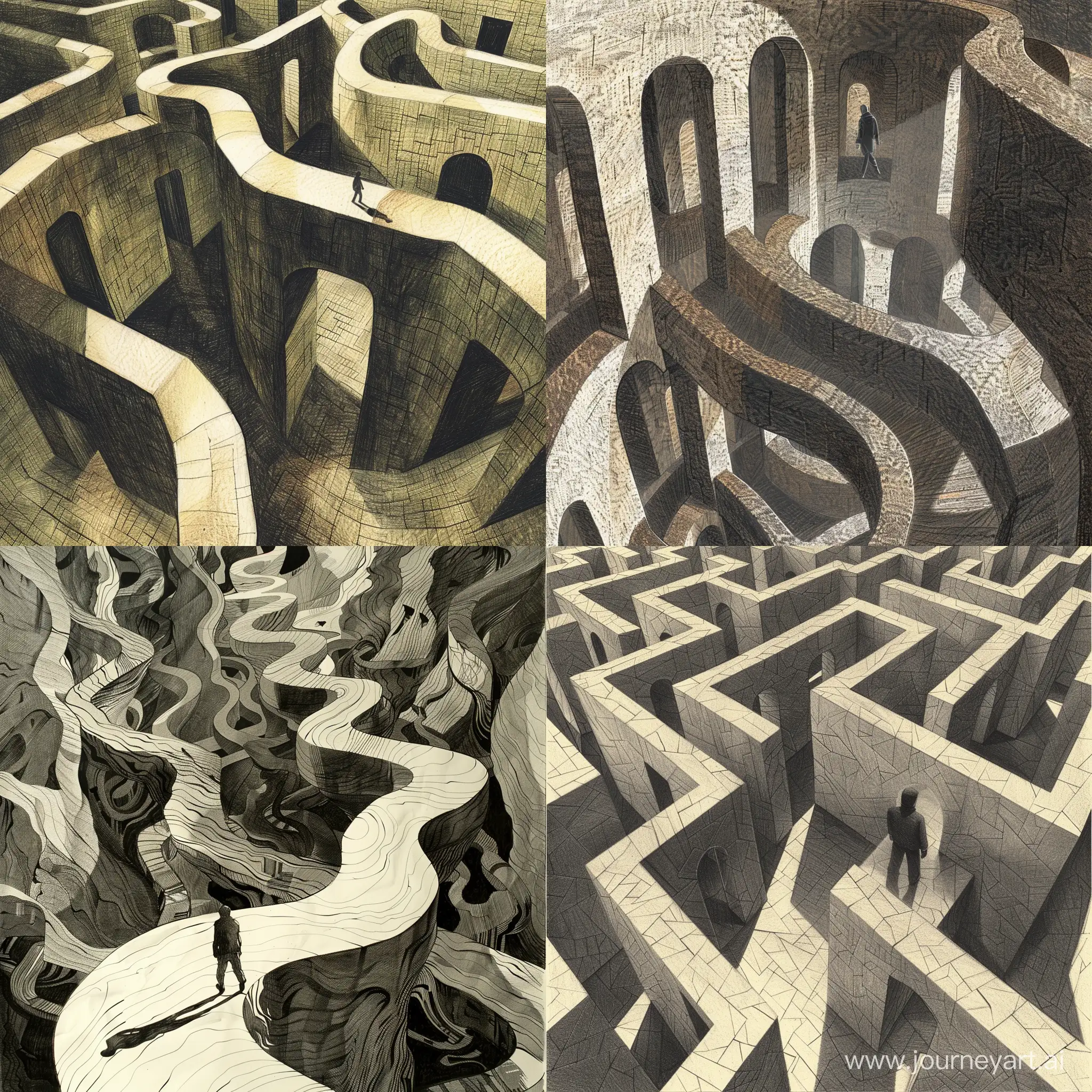 A labyrinthine landscape unfolds, combining the intricate detailing of M.C. Escher with the emotional depth of Edward Hopper. The central figure navigates a maze of twisted corridors, symbolizing the complexity of psychological despair. The play of light and shadows, inspired by chiaroscuro techniques, adds depth to the emotional journey. The medium involves a fusion of pen and ink drawings with digital enhancements, creating a visually intricate portrayal of the labyrinth within the mind.