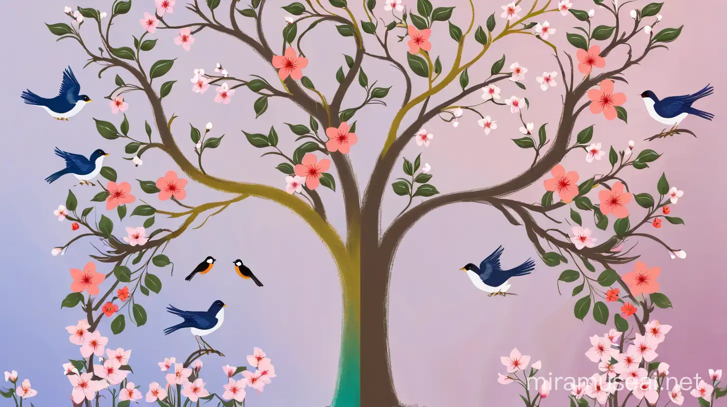 tree with birds and some blossom
flowers  drawing