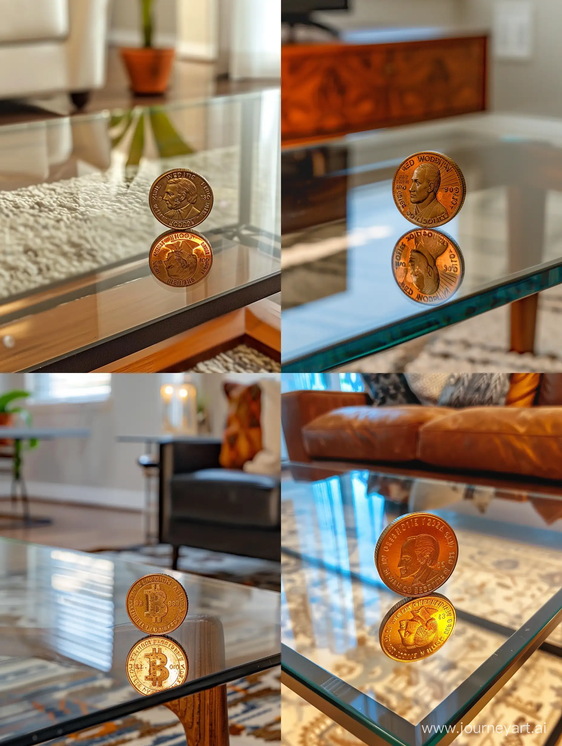 the world’s shiniest penny from 1994, so shiny it has a mirror like reflective surface, reflecting parts of the room beautifully on a sleek, modern glass coffee table, early y2k digital photo