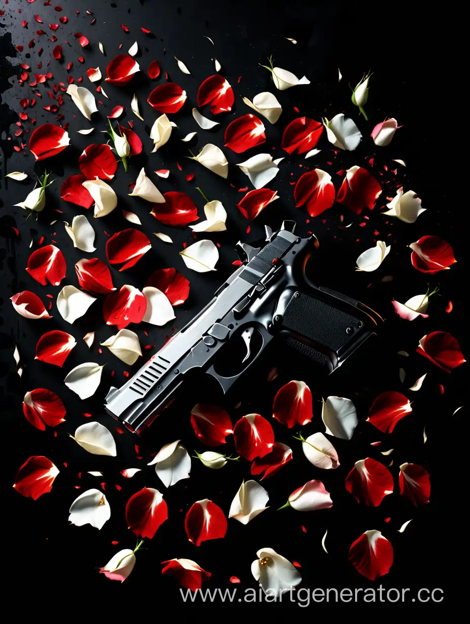 Dark background, falling, acre-pressed, gun, scarlet and white rose petals.