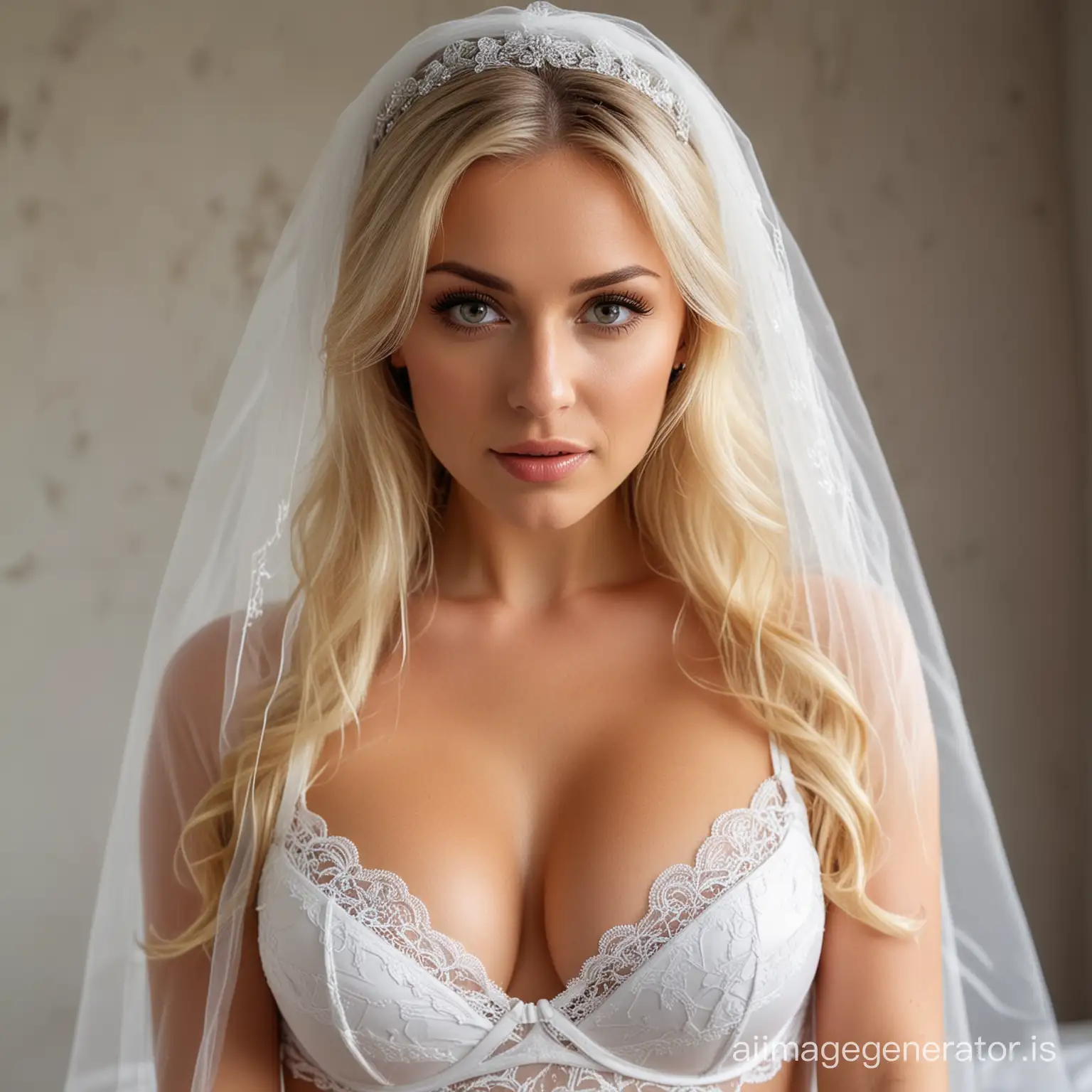 A blonde woman in white lingerie and a wedding veil. She has a sexy look on her face. She has huge breasts.