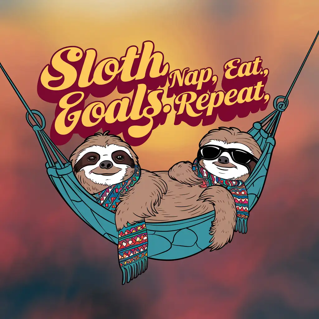 Sloth 2D flat illustration t-shirt design with text saying 'Sloth Goals: Nap, Eat, Repeat' in the style of Retro Pop Art.
