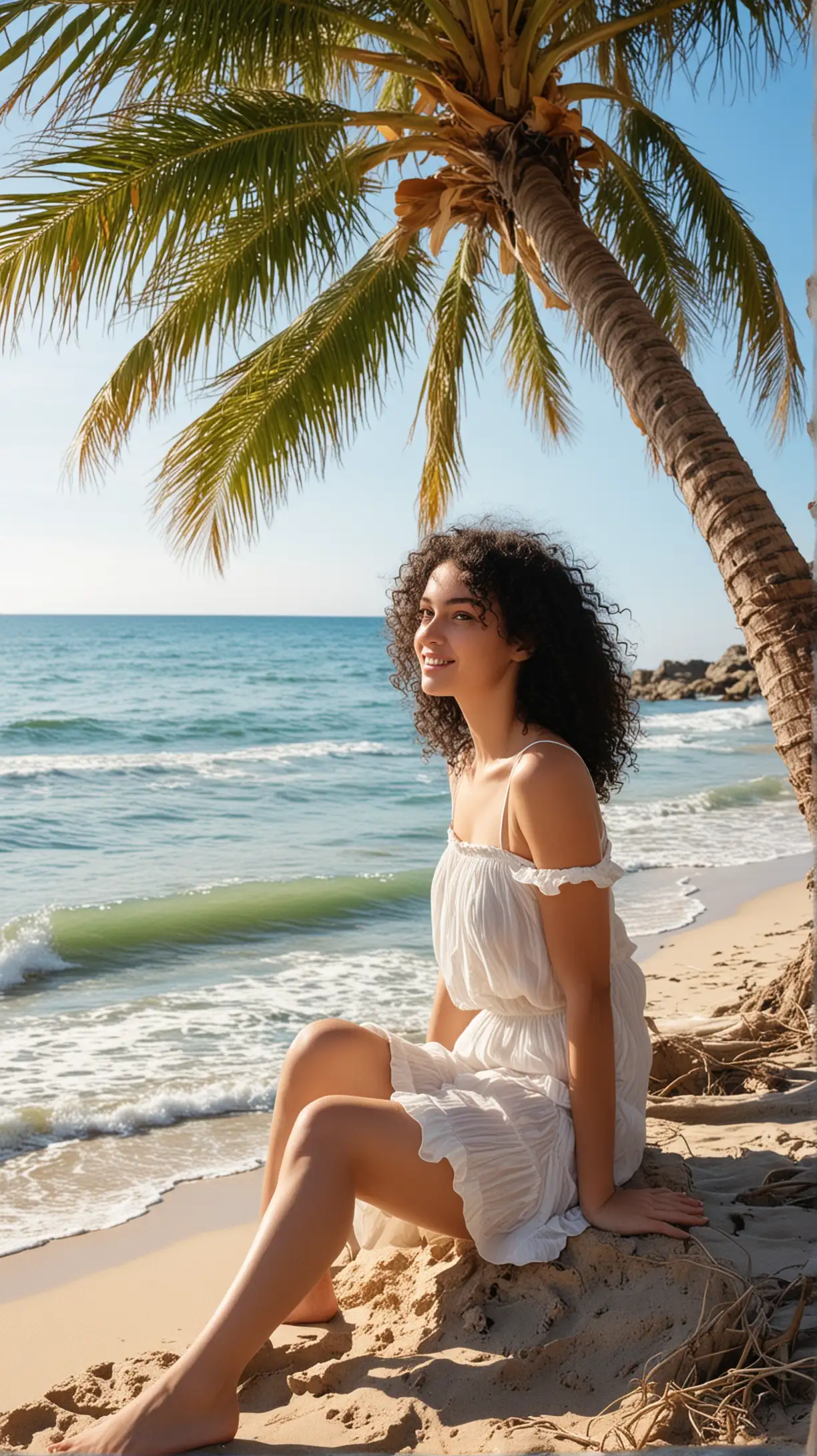 Girl with Black Curly Hair Sitting by Palm Tree on Beach with Blue Sea and Sun