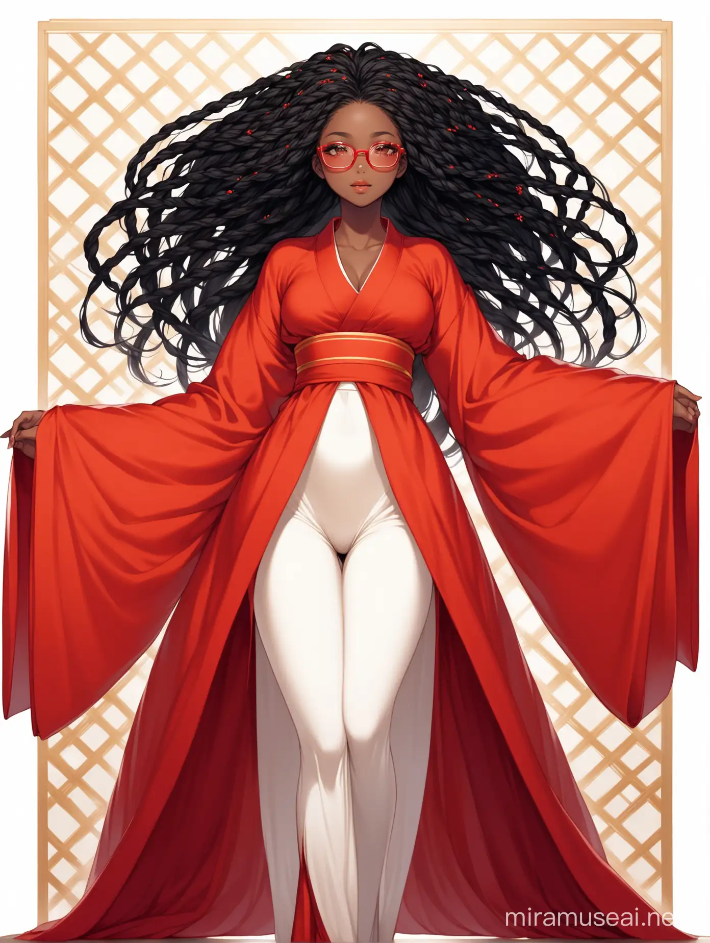 a japnaese style full body 21-year-old black woman emerges, she is looking up and you can see her entire body from here head to her feet, her features defined with tender elegance. She has long black twist in her hair, Adorned in red square glasses, white background, she embodies a harmony of strength and grace, a testament to the beauty found within and without, amidst the ephemeral splendor of nature's embrace.