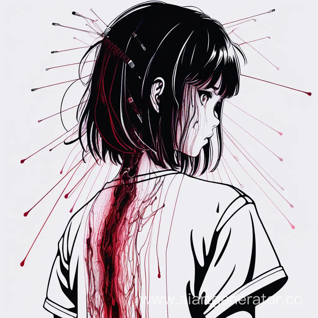 создайте психотропный образ девушки с помехами в футболке с видом взади  с  цветными проводами выходящими из тела  и кровь, в стиле черно-белой манги но сама кровь красная 