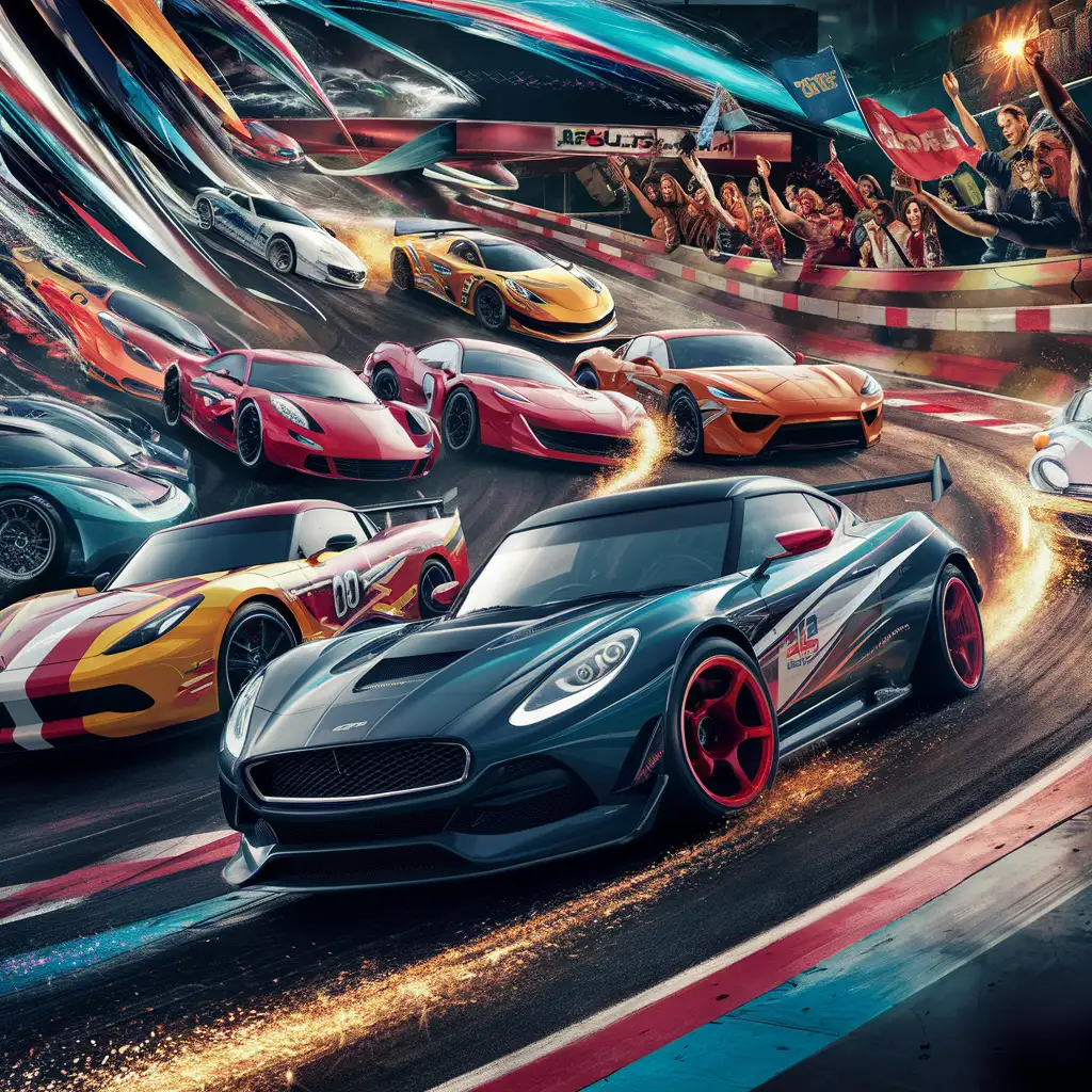 Vibrant Racing Cars Speeding on a Thrilling Birthday Party Racetrack