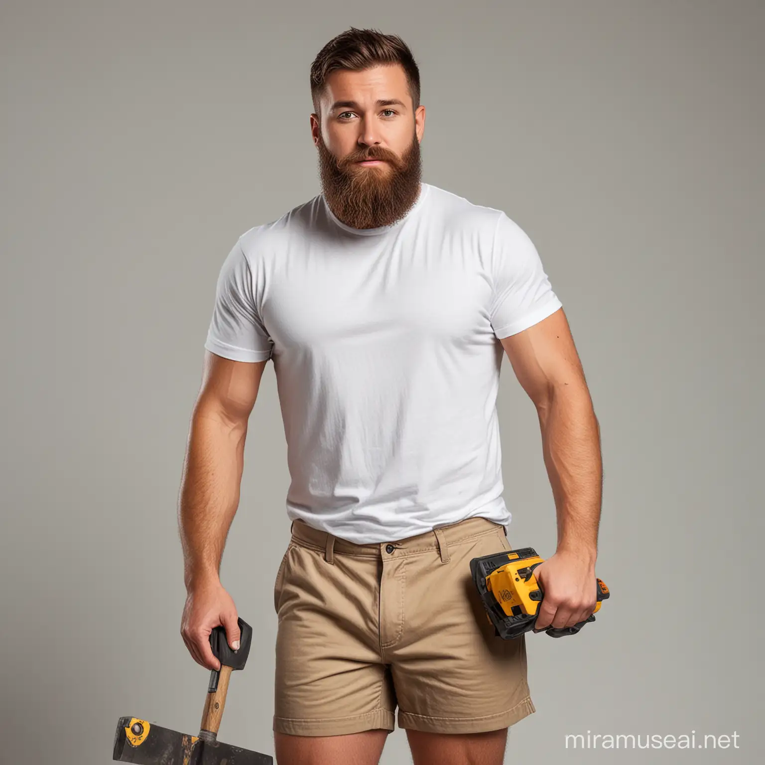 A man with beard with a plan white t-shirt and light brown shorts with a toolkit in his right hand and a hammer in his left hand