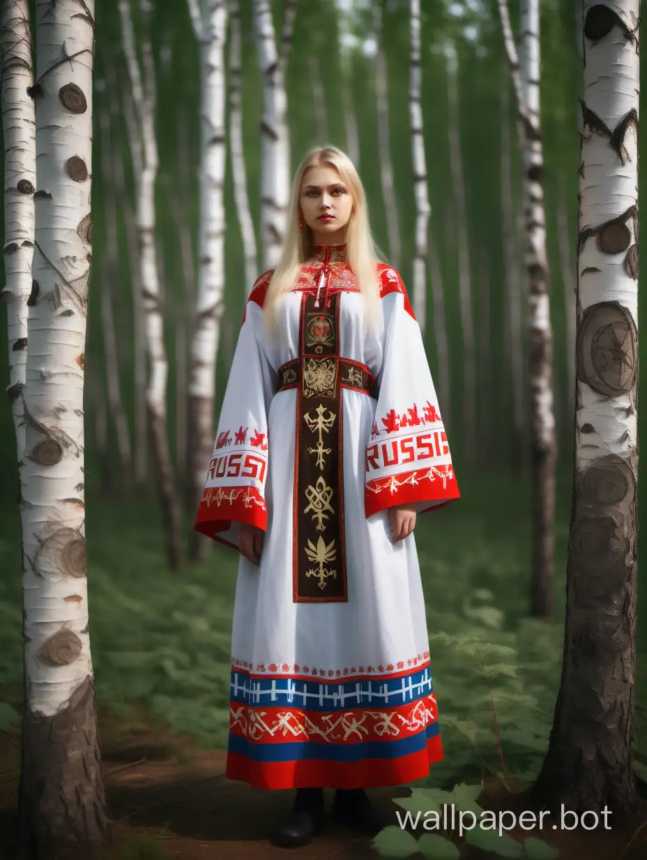 Russian blonde girl, in traditional Russian national costume, with Slavic symbols and a swastika drawn on her clothes, stands in a birch forest. Next to the girl is the flag of Russia. Full-length painting
