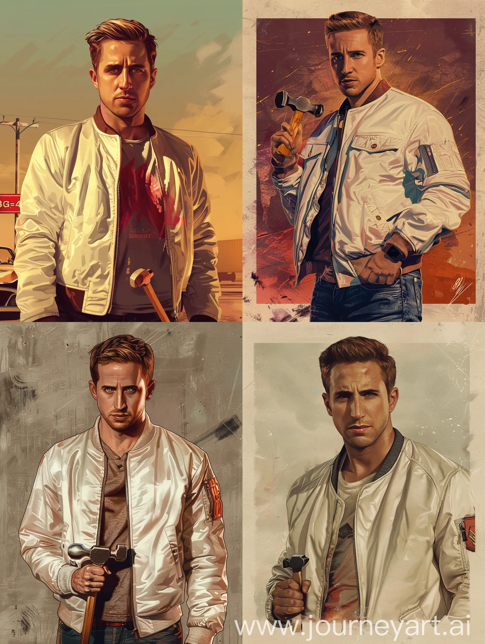 A poster in the style of GTA 4 loading screen. Ryan Gosling from the movie drive, with a small hammer. in a white bomber jacket from the movie drive. The art is stylized as in the download of the GTA 4. 8K ultrarealism.