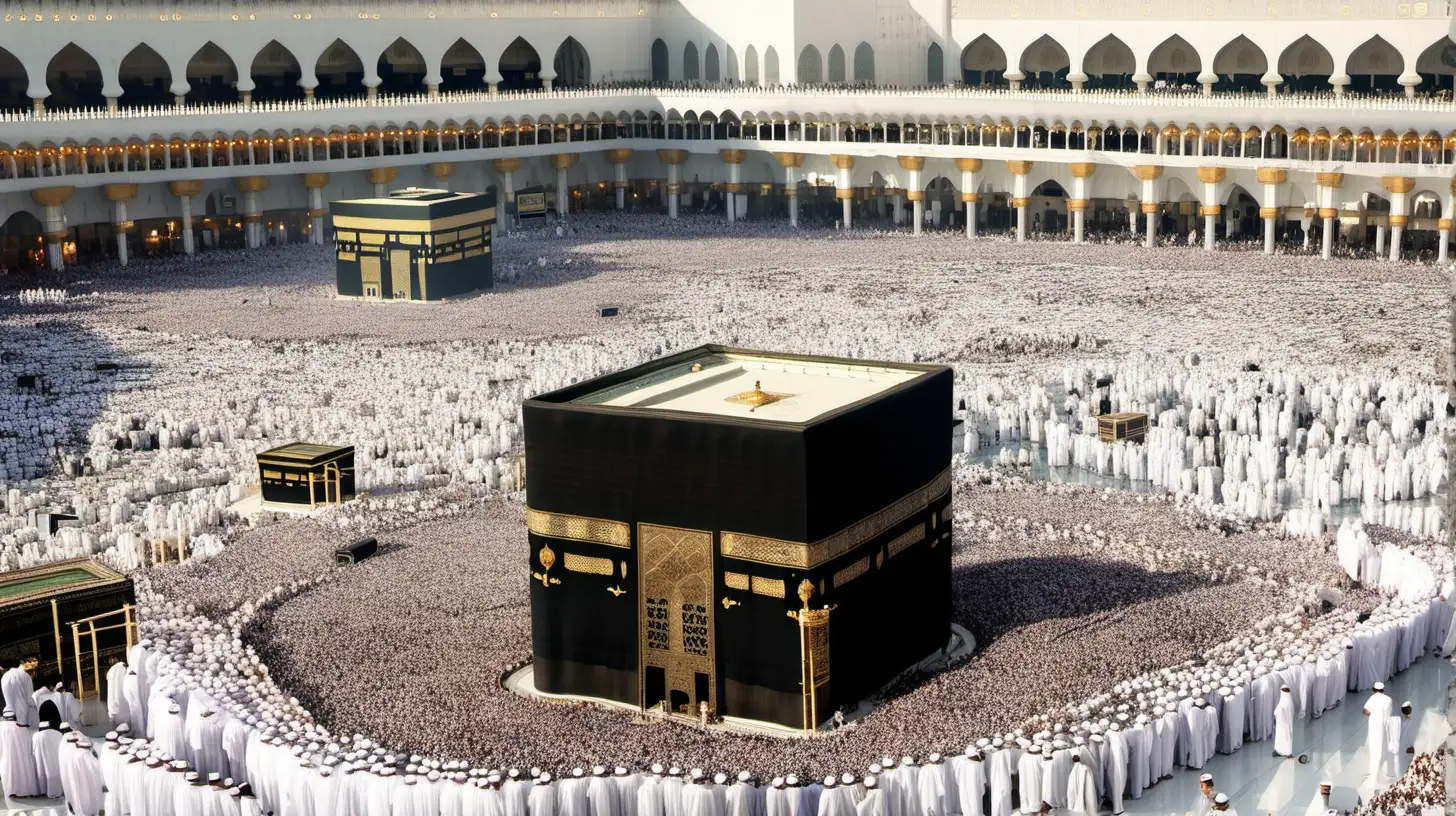 Mecca's Grand Mosque, with thousands of people wearing ihram clothes surrounding the Kaaba, taken with a DSLR camera, in the morning, natural lighting, realistic image, detailed image of the Kaaba, (kaaba).