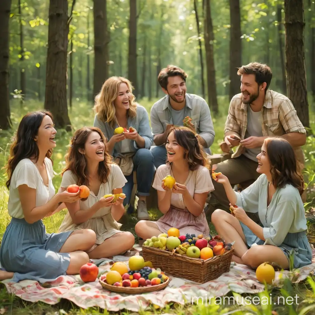Шесть друзей мужчины и женщины собрались на пикник на солнечной поляне в лесу.они счастливые и радостные,весело общаются и кушают фрукты.Все красивые и веселые.